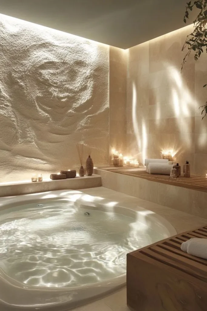 Luxury spa bathroom remodeling in Dallas featuring a large soaking tub, textured accent wall, ambient LED lighting, and a relaxing modern wellness design.