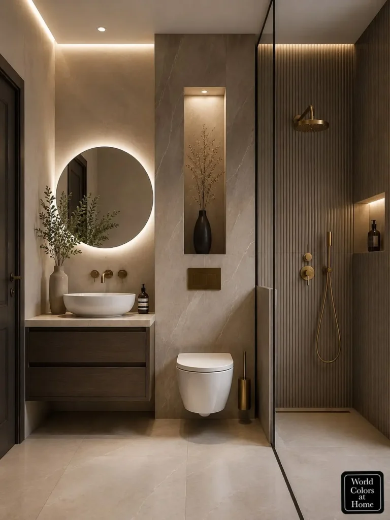 Contemporary bathroom remodeling in Dallas with a floating wood vanity, round backlit mirror, walk-in shower, textured wall panels, and warm ambient lighting.