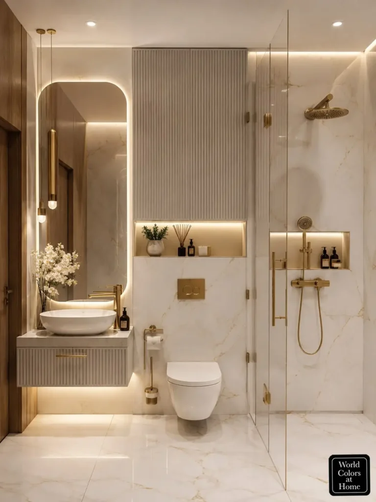 Luxury bathroom remodeling in Dallas featuring a floating vanity, vessel sink, frameless glass shower, marble walls, and brushed gold fixtures with modern LED lighting.