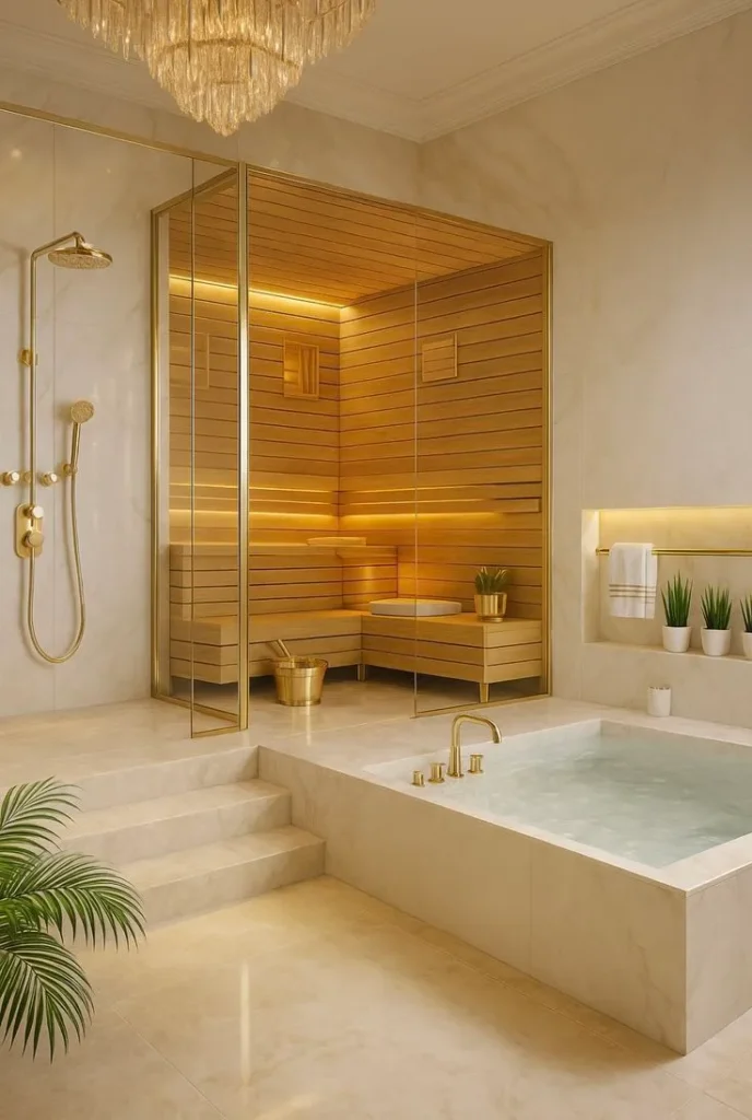 Luxury bathroom remodeling in Dallas with a glass-enclosed sauna, built-in soaking tub, marble tile, gold fixtures, and elegant modern finishes.