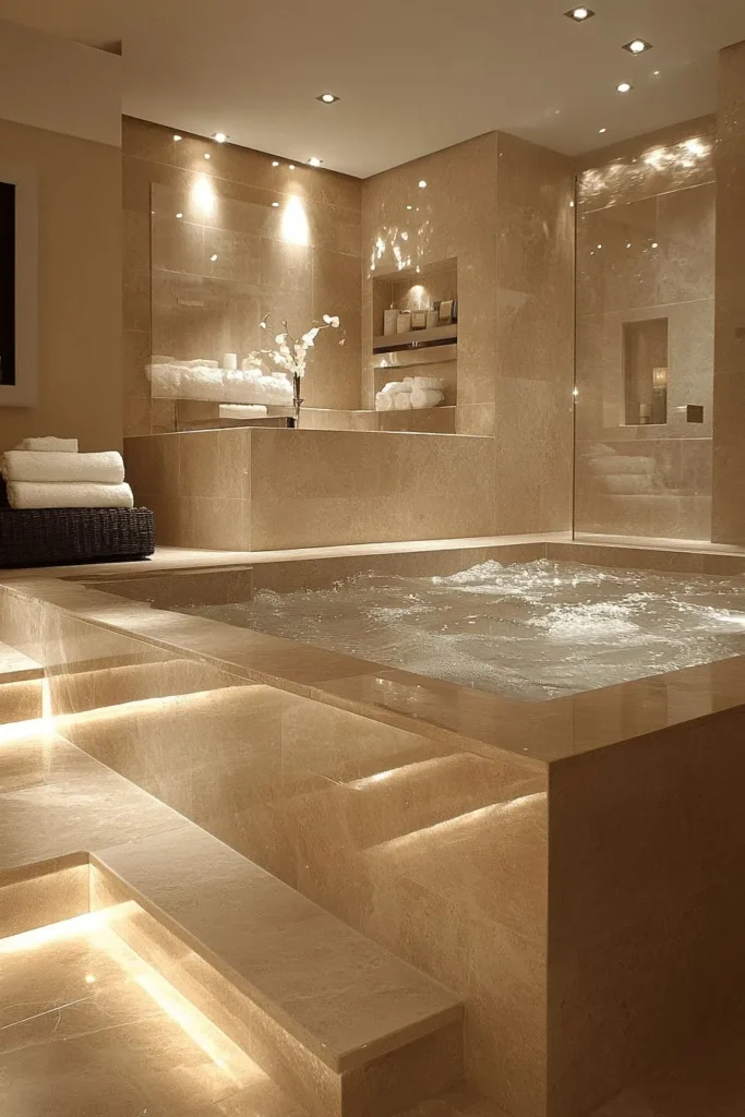 High-end bathroom renovation in Dallas featuring a built-in jacuzzi tub, marble tile walls, recessed LED lighting, and a luxury spa-inspired design.