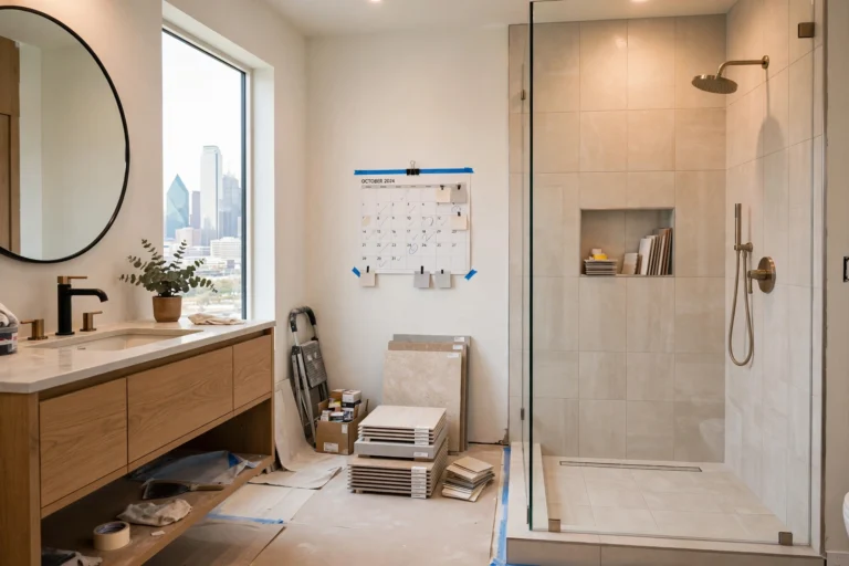 Modern Dallas bathroom remodel design idea — walk-in shower with tile samples and project timeline calendar