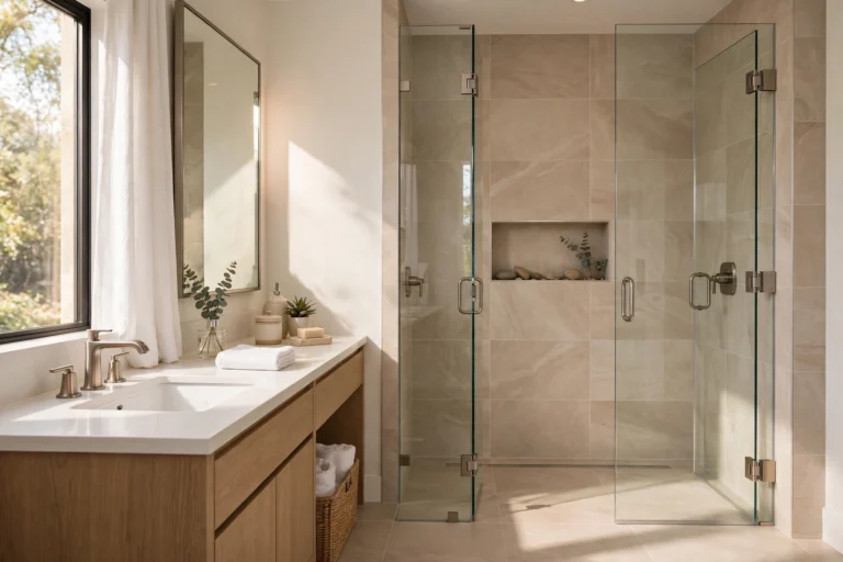 Frameless glass shower door in a modern Dallas bathroom design idea