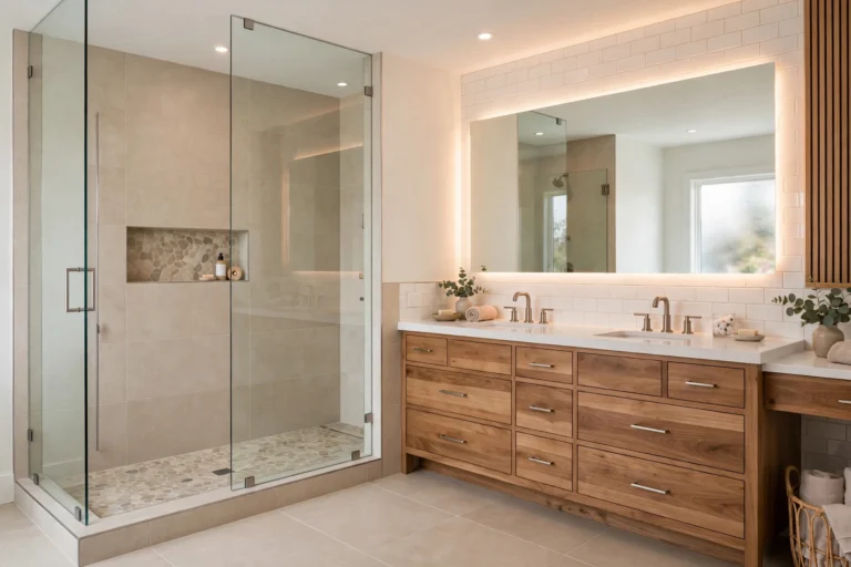 Modern Dallas bathroom with low-curb shower and quartz vanity — design idea