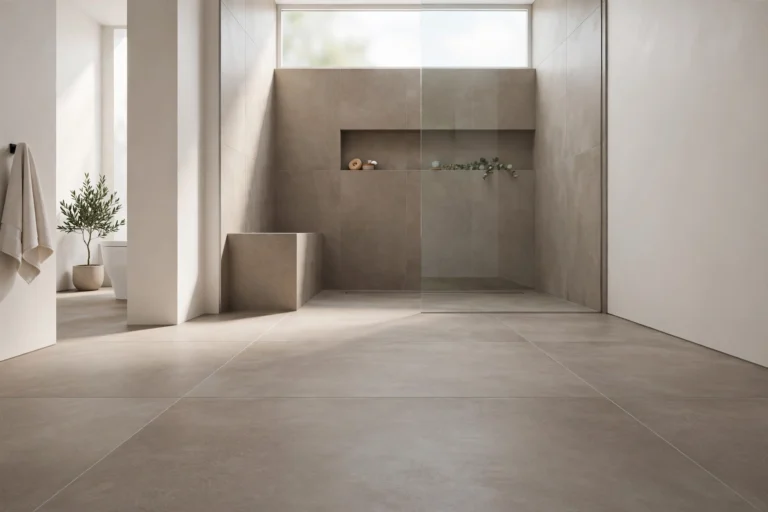 Design idea: large-format porcelain tile bathroom floor with curbless walk-in shower in a Dallas bathroom