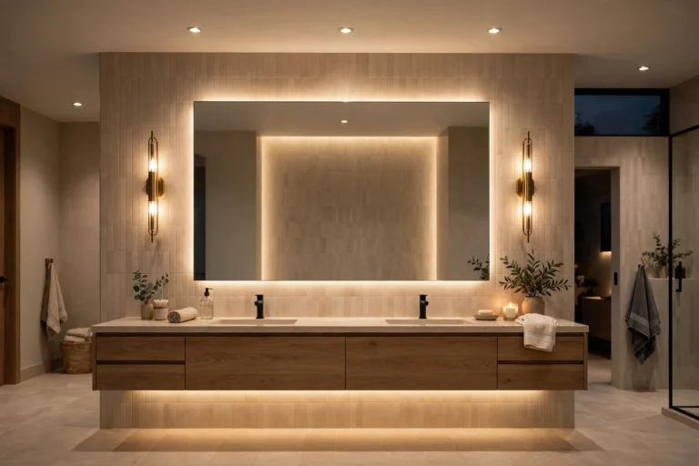 Design idea: modern Dallas bathroom with layered lighting — vanity sconces, backlit mirror, recessed ceiling lights, and vanity toe-kick glow