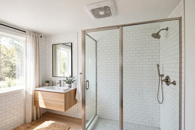Design idea — modern Dallas bathroom ceiling with a sleek exhaust fan grille above a walk-in shower with glass panels