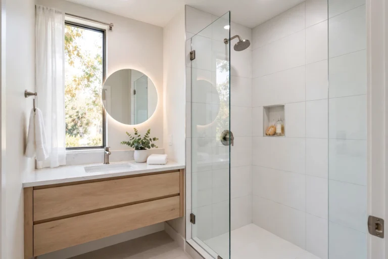 Design idea: modern remodeled bathroom with walk-in shower and floating vanity that fits a $15,000 Dallas bathroom remodel budget.