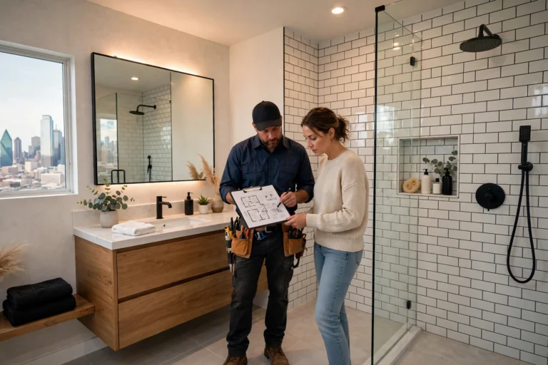 Design idea — a bathroom remodeling contractor reviewing plans with a Dallas homeowner in a modern remodeled bathroom with a walk-in shower