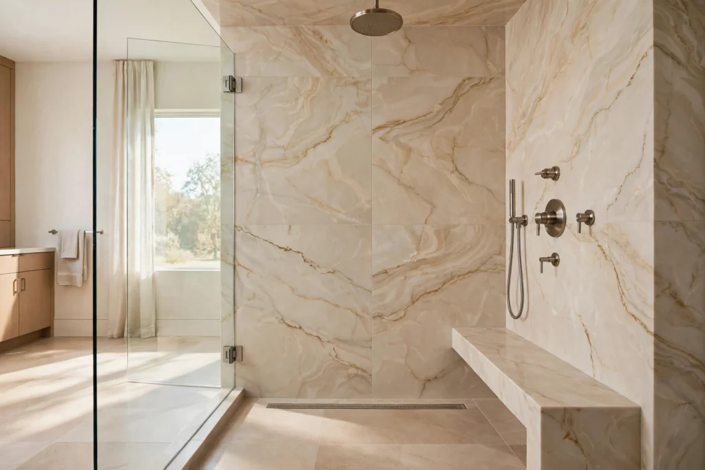 Groutless slab shower walls design idea — large-format porcelain panels in a Dallas walk-in shower