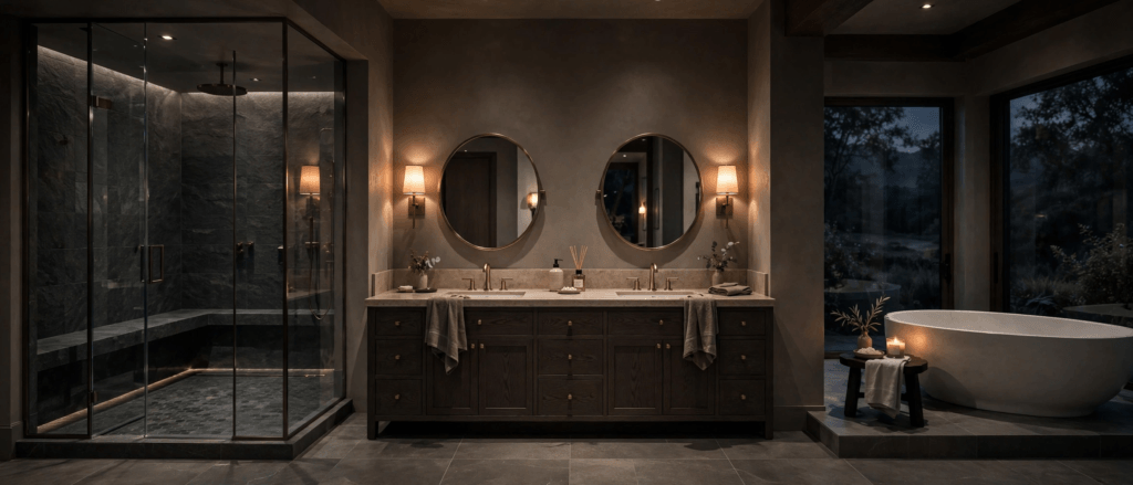 Bathroom design idea — luxury bathroom with double vanity and walk-in shower