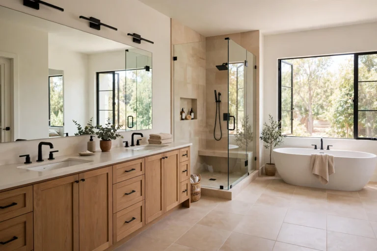 Well-planned master bathroom design idea with double vanity, walk-in shower, and freestanding tub with generous clear space between fixtures