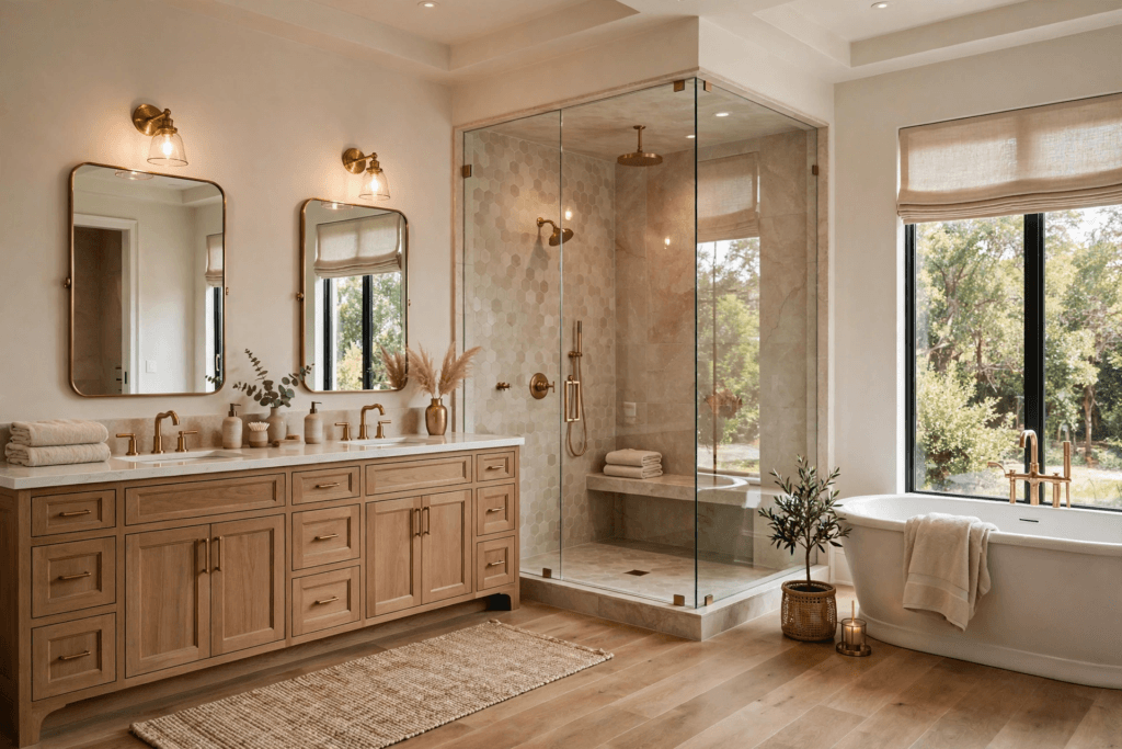 Bathroom design idea — luxury master bathroom with double vanity, walk-in shower and freestanding tub