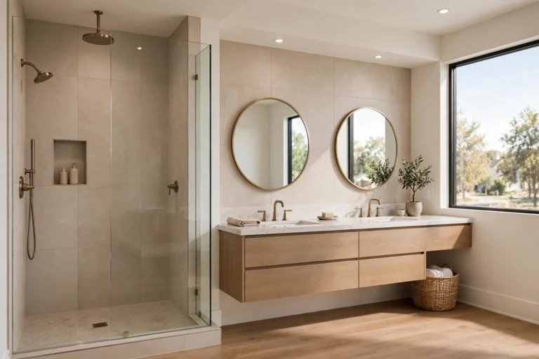 Remodeled master bathroom design idea — walk-in glass shower and double floating vanity in a Dallas home