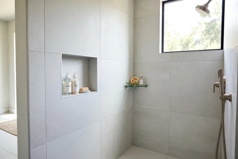 Tiled walk-in shower with a recessed shower niche holding toiletries and a glass corner shelf in the corner — bathroom design idea