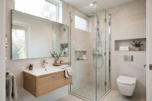 Bathroom design idea — compact small bathroom with floating vanity and glass shower