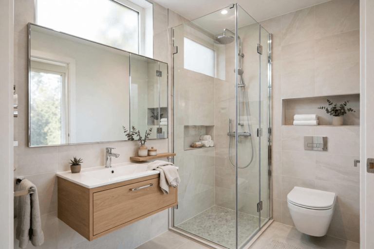 Bathroom design idea — compact small bathroom with floating vanity and glass shower