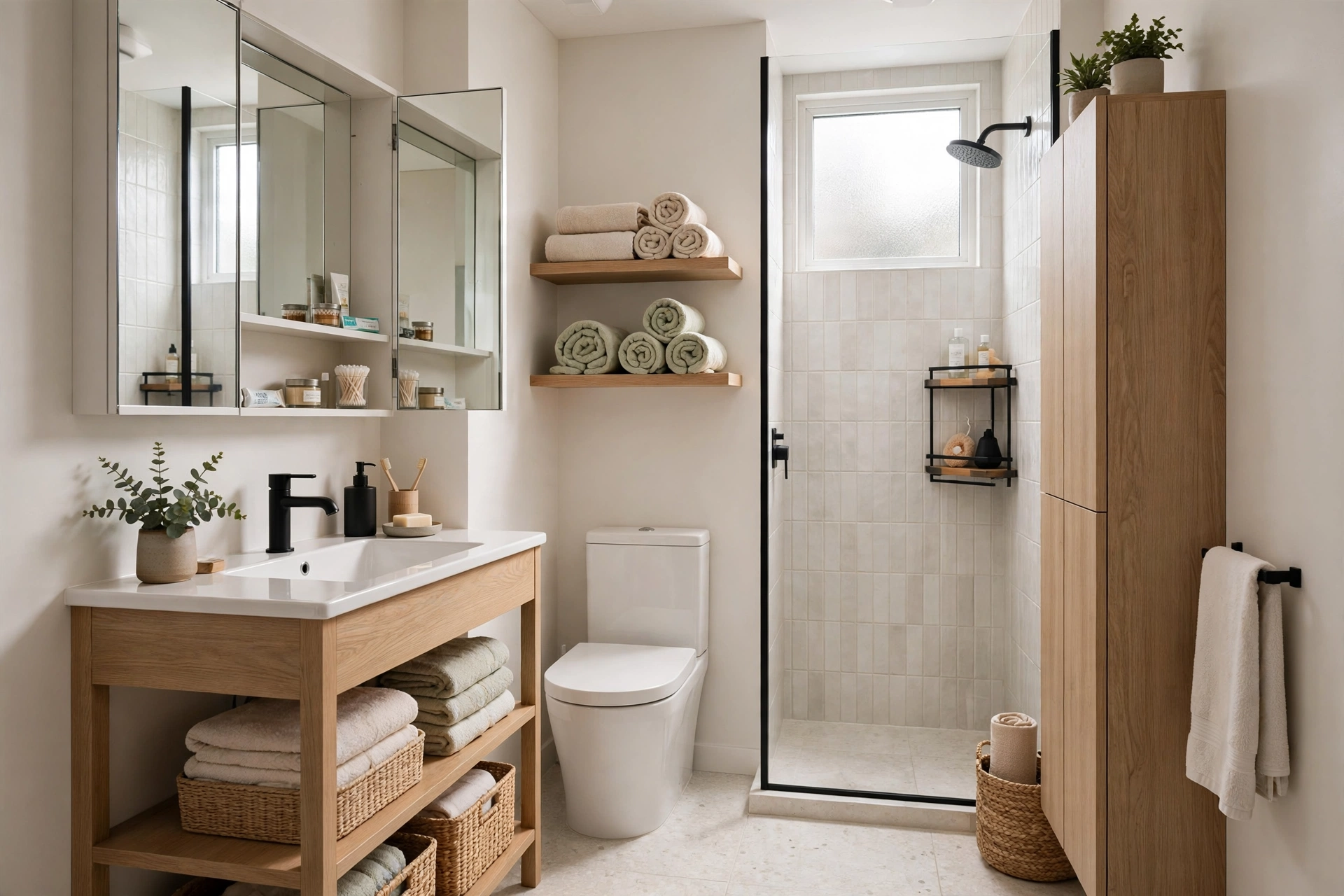 Small bathroom storage design idea — recessed mirrored medicine cabinet, floating shelves with rolled towels, vanity baskets, and a tall linen cabinet