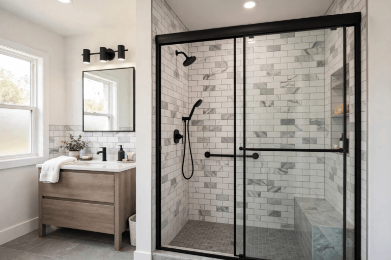 Bathroom design idea — tub-to-shower conversion with glass door and matte black fixtures