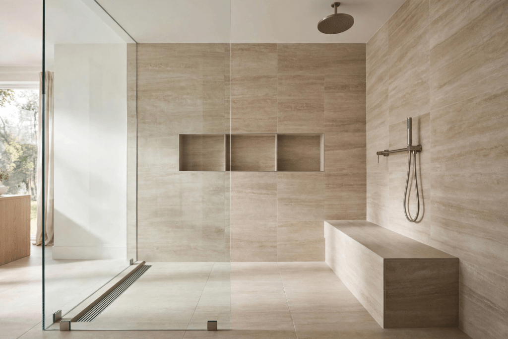 Bathroom design idea — modern walk-in shower with frameless glass, rainfall head and bench