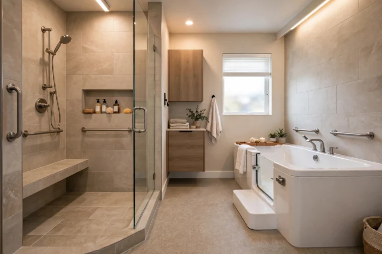 Design idea — senior-friendly Dallas bathroom with a curbless walk-in shower with grab bars and bench beside a walk-in tub with a low-step entry door.
